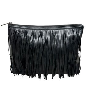 Space NK Apothecary Black Faux Leather with boho Fringe Zipper Bag pouch